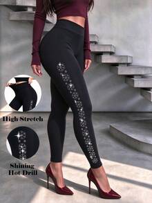 1pc Women's Slim Fit Butt Lifting Leggings With Christmas Snowflake Pattern Rhinestone Embellishment, Black High Elasticity Yoga Pants, Soft And Comfortable For Home, Walking, Casual Wear In All Seasons - Multicolor - View 9
