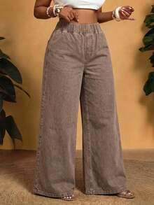 Women's Plus Size Curve Fit Vintage Washed Baggy Denim Jeans, Long Length Non-Stretch Casual Fall Pants - Brown - View 10
