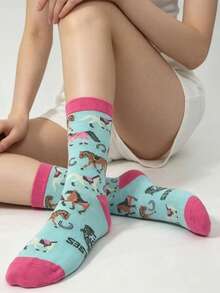 1 Pair Cartoon Pony Pattern Mid-Calf Cotton Socks With Contrast Toe And Cuff, Personalized Fun Style Women's Socks - Multicolor - View 4