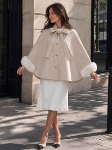Women's Autumn/Winter Stand Collar Bow Faux Fur Cuff Cape Coat, Elegant Gold Button Short Commuter Jacket - Apricot - View 4