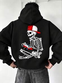 Men's Halloween Casual Comfortable Hoodie, Gaming Skeleton Player Print Loose Streetwear Pullover - Black - View 2