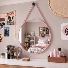 Espelho Redondo Adnet 25 30 40 50cm em Couro Liso com Alça Lisa Sem Costura Espelho de Parede Decorativo para Sala Quarto Banheiro Hall Escritório Lavabo - ROSA - Visão 3