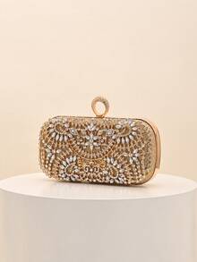 1pc Luxurious Rhinestone Floral Evening Clutch, Exquisite Full Rhinestone Heavy Craftsmanship, With Handle Ring For Crossbody Wear, Wedding Banquet Party Dress Matching, Light Luxury High-End Women's Evening Bag - Gold - View 2