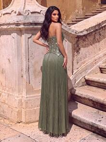 Elegant Romantic Women's Sleeveless Sequin Tassel Dress, Long Strapless Dress, Contrast Sequin Design, Tie Back, Suitable For Special Occasions - Olive Green - View 2
