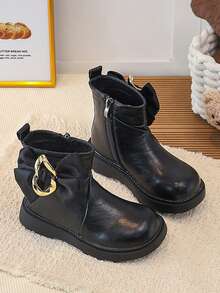 Girls' Ankle Boots, Bow + Metal Chain Decor, Side Zipper, Thick Sole Anti-Slip, Autumn/Winter Princess Boots - Black - View 3