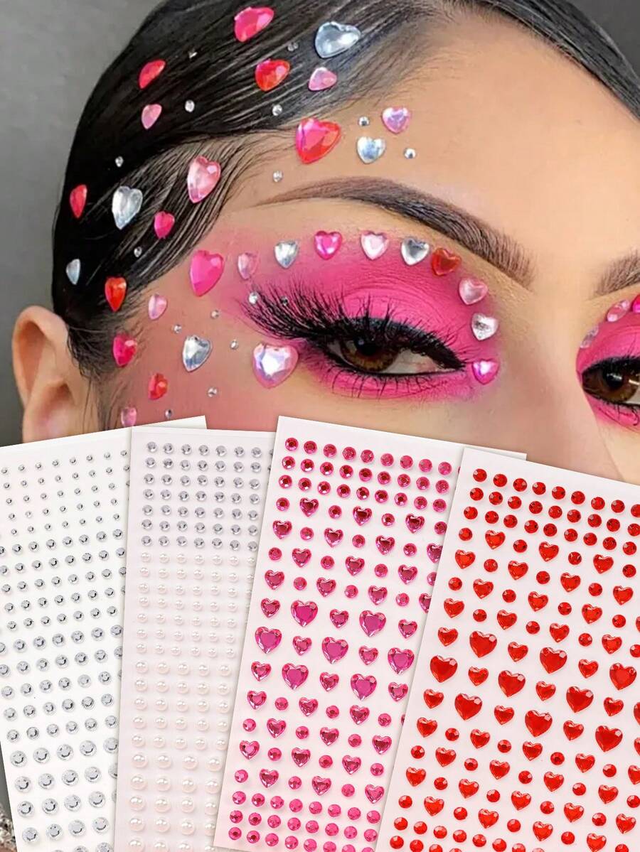 3D Colorful Rhinestone Rose Red Heart Silver White Pearl Multi-Particle Face Decoration Rhinestone Stickers Y2K Holiday Party Daily Makeup DIY Music Festival Dance Party Suitable For Hair Eyes Face Body Decoration - Multicolor - View 1