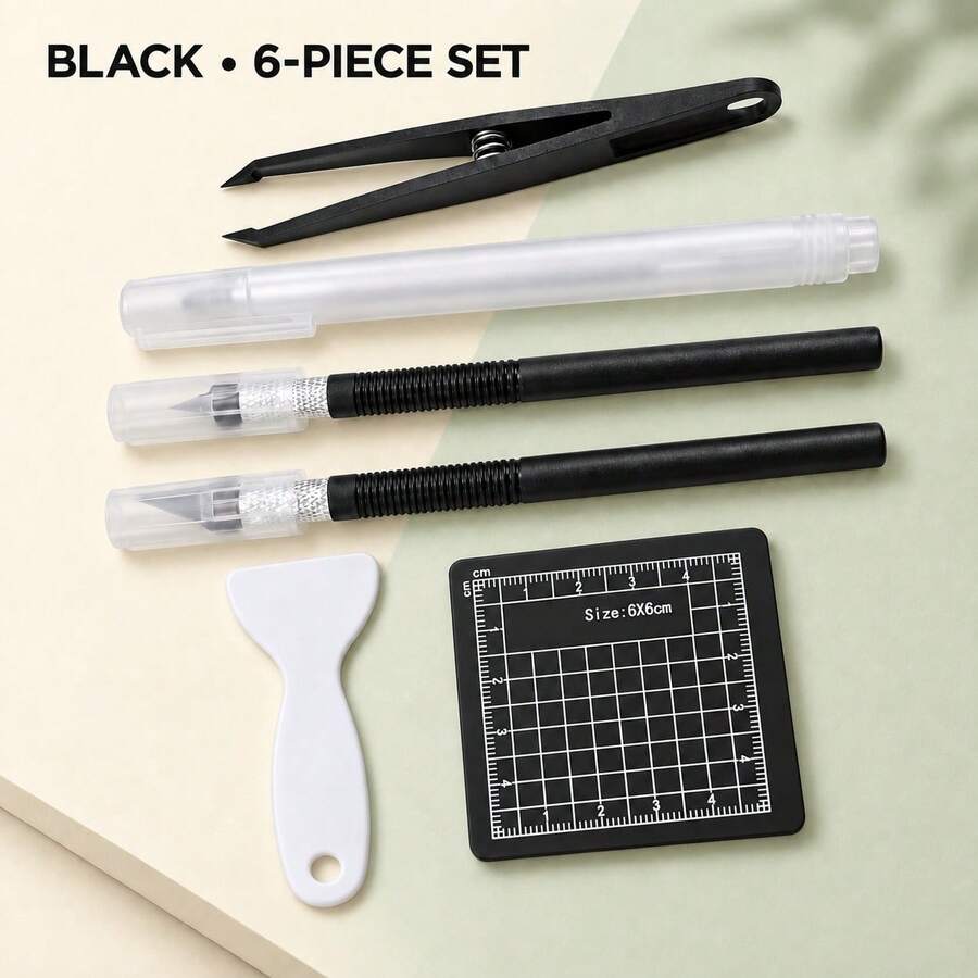 Set Alat Scrapbooking Buatan Tangan 6 Buah, Aksesori Perencana & Kerajinan Kertas DIY Hitam, Termasuk Pinset, Pengikis Kertas, Alas Grid Mini, dan Berbagai Alat Bantu, Cocok untuk Aplikasi Stiker, Pembuatan Kartu, Kolase Album Foto, dan Proyek Scrapbooking - setelan - View 1