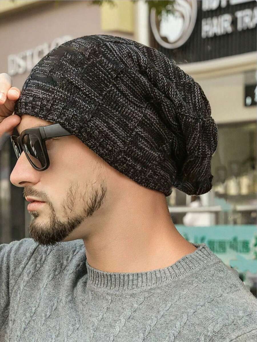 Autumn/Winter Men's Knitted Beanie Hat / Hat & Scarf Set / Thermal Lined Warm Ear Protection Knitted Beanie Hat Men's Cold-Proof Knitted Cap - Black - View 1