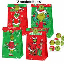 The Grinch 12 قطعة/2 قطعة أكياس هدايا عيد الميلاد بنمط عشوائي، أكياس تسوق بورق تغليف بنمط مربعات أحمر وأخضر مع مقابض، أكياس تغليف هدايا حفلات عيد الميلاد قابلة لإعادة الاستخدام - حقيبة هدايا - مشاهدة 7