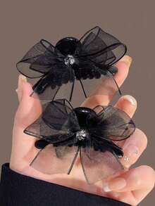 2pcs Fashion Rhinestone Mesh Bow Hair Claw Clips, Princess Style Side Bangs Top Hair Claw - Black - View 2