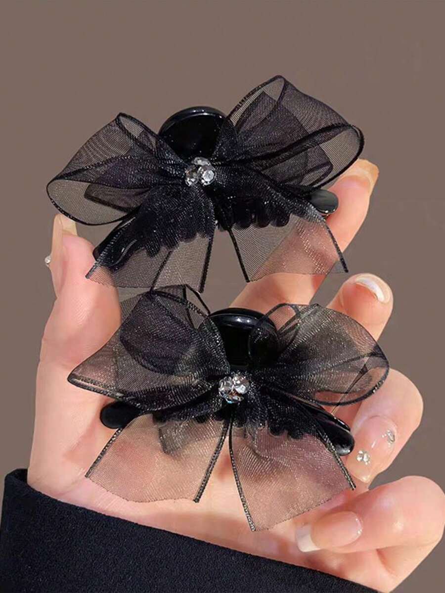 2pcs Fashion Rhinestone Mesh Bow Hair Claw Clips, Princess Style Side Bangs Top Hair Claw