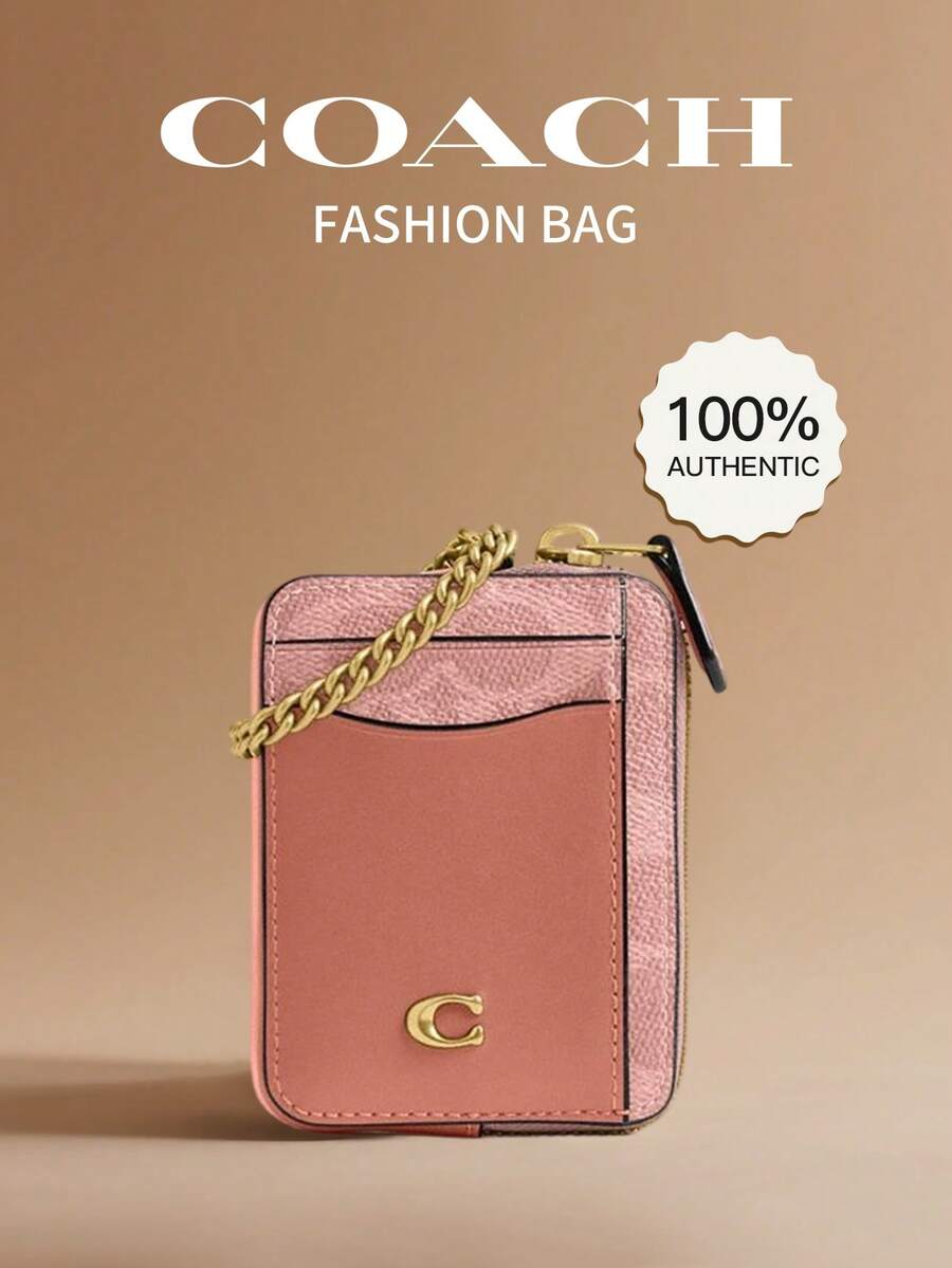 Coach Signature Canvas Zipper Card Holder, Women's Metal Chain Wristlet Wallet, Cute Handbag Coin Purse