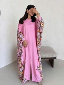 1pc Floral Print Batwing Sleeve Loose Long Dress, Casual Slouchy, Women's Muslim Dubai Style Robe - Multicolor - View 11