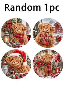 1/4/8pcs Christmas Highland Cow Coasters Set , Wooden Drink Coasters With Cute Cow Santa Design, Rustic Christmas Table Decor, Coffee Cup Mat For Home Kitchen Office, Holiday Party Decoration Gift For Family Friends - Multicolor - View 14