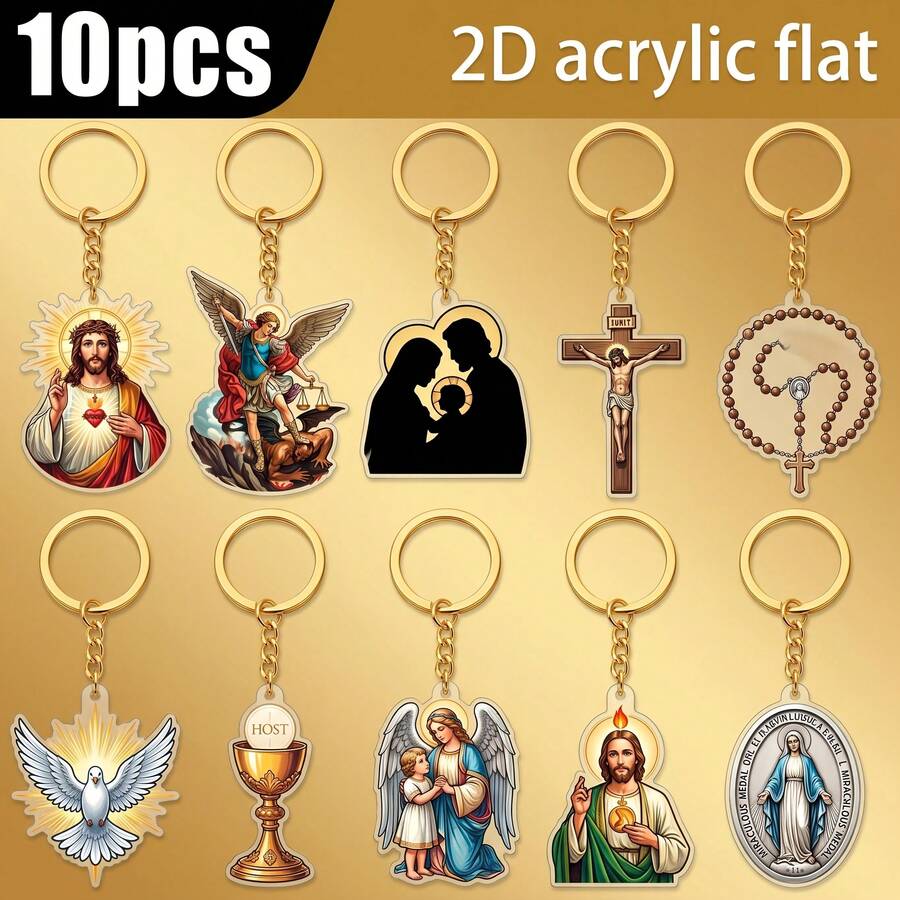 10 móc khóa hình nhân vật tôn giáo Kitô giáo tâm linh cho nữ bằng acrylic phẳng 2D, mẫu ngẫu nhiên Mary, thiên thần, thánh giá, Kinh Thánh, chuỗi hạt mân côi, quà tặng - Nhiều màu - Xem 1