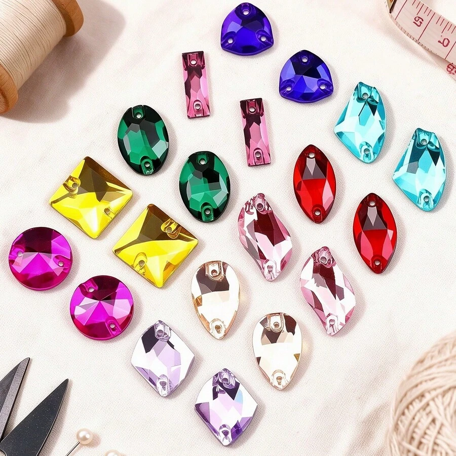 Assorted Shapes, 20pcs/Pack, Mixed Shapes, Flat Back Double Hole Exquisite Glass Rhinestones, Used For Sewing Wedding Dresses, Handbags And Shoes, Jewelry Making, Craft Accessories
