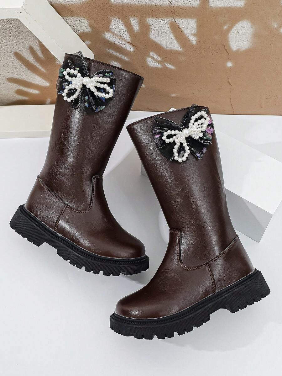 1 Pair Girls' Tall Chelsea Boots, Soft PU + Side Mesh Bow Material, Elastic Soft Sole With Inner Zipper Design, Simple Classic Princess Style High-Top Boots, Suitable For Daily Wear, School, Holidays, Autumn/Winter New Arrival - Coffee Brown - View 1
