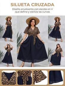 Vestido feminino,Vestidos Elegantes para Mujer talla grande con estampado de leopardo, cuello en V, cintura alta,para vacaciones en la playa, reuniones informales y citas - Marrón - Ver 9
