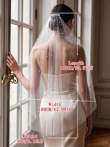 1pc Vintage Rhinestone Single Layer Bridal Veil, Fingertip Length, Suitable For Bachelorette Party, Wedding And Elopement Photoshoot - White - View 9