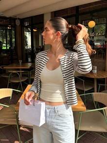 Women's Striped Long Sleeve T-Shirt, Fashion Slim Fit Cardigan, Versatile Top - Navy Blue - View 5