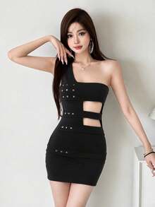 Top Dazzle Goth Inspired Asymmetrical Neck Bodycon Short Dress For Women, Sexy Sleeveless Knitted Mini Dress With Unique Studded Design - Black - View 3