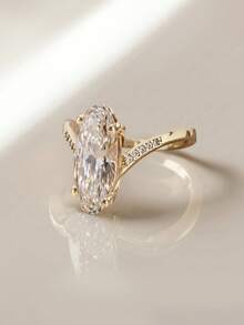 1pc 18K Gold Plated Luxury White Gemstone Ring, Oval Center Stone Ring, Cross Rhinestone Ring, Exquisite Holiday Party Gift For Women - Yellow Gold - View 4