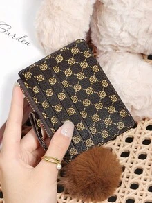 Women's Presbyopia Printed Credit Card Storage Wallet With Zipper Closure, Adorned With A Delicate Pom-Pom, Suitable For Portable Use - Black - View 14