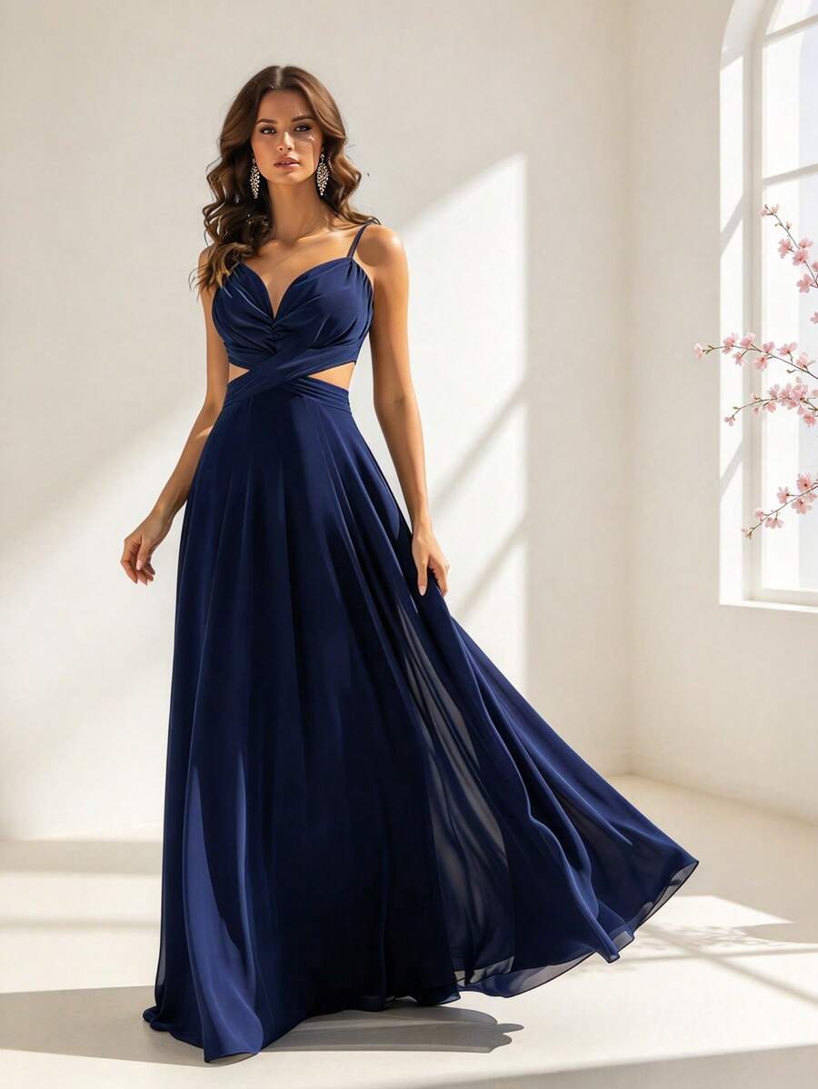 HOMEYEE Women's Fashion Solid Color Chiffon Sexy V-Neck Spaghetti Strap Backless Elegant A-Line Dress For Vacation Cocktail Party Formal Evening Wedding Fall