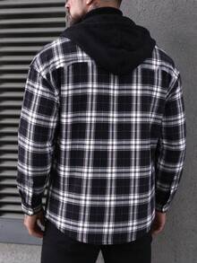 Men's Autumn Long Sleeve Loose Plaid Print Hooded Drawstring Shacket, Perfect Gift For Son, Boyfriend, Father - Black - View 7