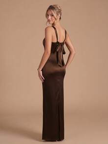 Women Coffee Brown Long Mermaid Evening Dress, Slit Design, Luxurious Lightweight Gown For Formal Dinner, Wedding Guest & Elegant Party - Brown - View 5