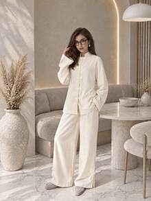 Women Fall Elegant Casual Beige Mandarin Collar Frog Button Long Sleeve Jacket & Pants Two Pieces Set For Daily Going Out Vacation - Apricot - View 3