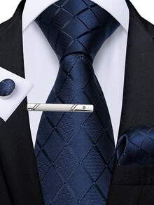 4Pcs Men Formal Suit Accessory Kit, Royal Blue Plaid Tie, Pocket Square, Cufflinks & Tie Clip, Random Cufflink Design - Royal Blue - View 1