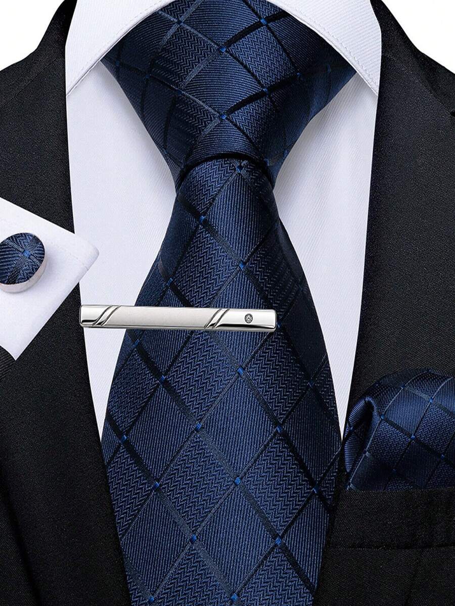 4Pcs Men Formal Suit Accessory Kit, Royal Blue Plaid Tie, Pocket Square, Cufflinks & Tie Clip, Random Cufflink Design - Royal Blue - View 1