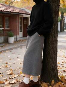 Autumn/Winter Thick Chunky Knit Long Sleeve Pullover Sweater, Loose Drop Shoulder Cut, Soft And Cozy, Daily Wear Layering Top - Black - View 6