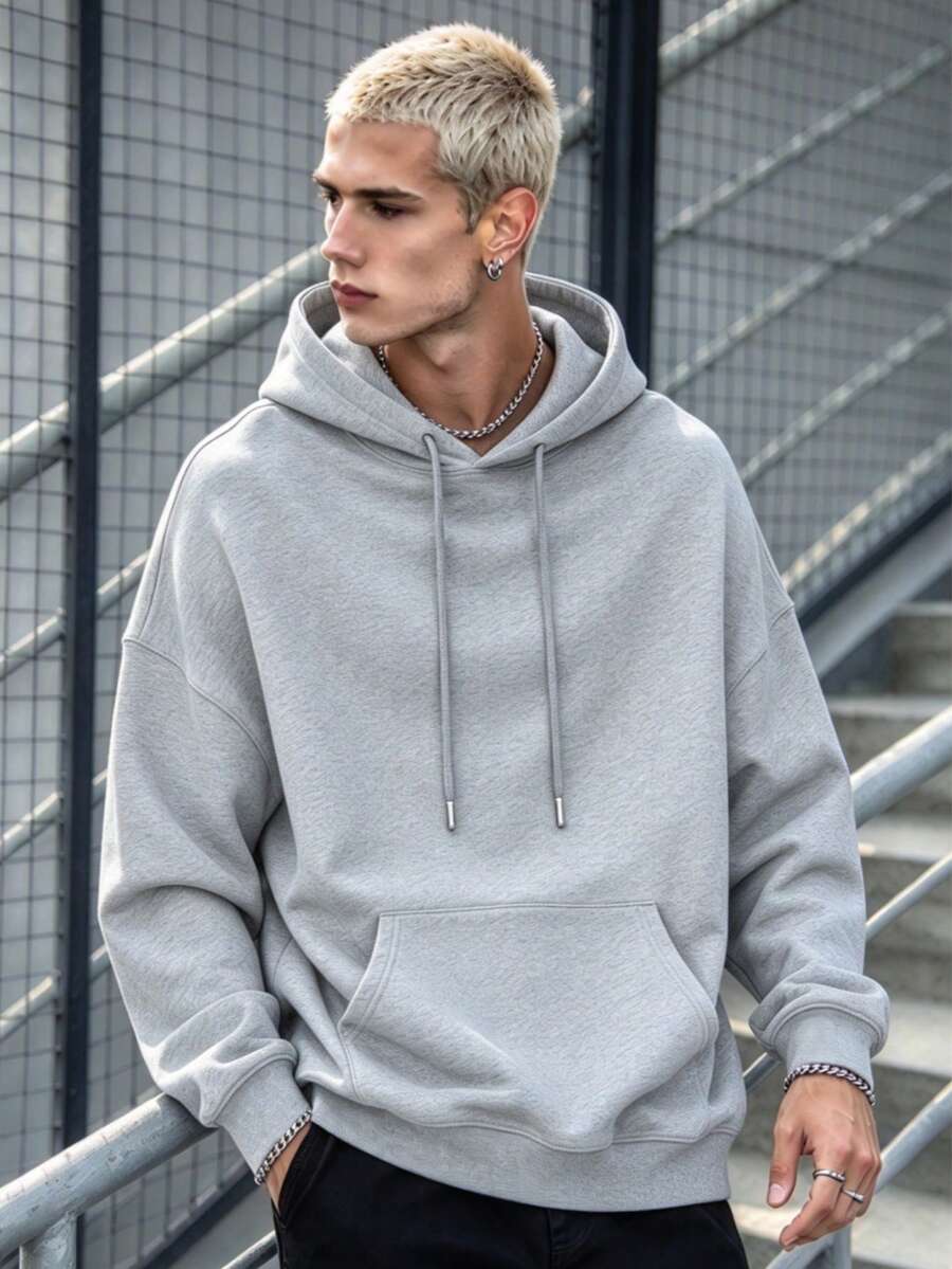 Simple Studio | Men's Solid Color Drop Shoulder Long Sleeve Drawstring Pocket Casual Hoodie, Autumn/Winter, Back To School Season