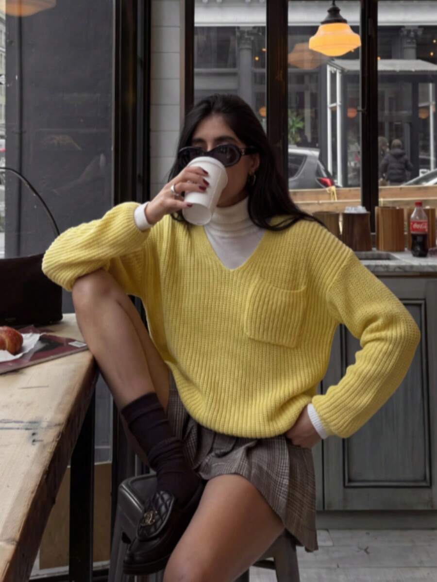 JustMiss Women's Loose Oversized V-Neck Cold Shoulder Multi-Way Wear Long Sleeve Casual Knit Sweater Top With Pockets, Thick Warm Versatile Autumn/Winter Style - Yellow - View 1