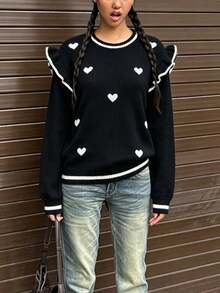 Elegant Elegant Heart Contrast Color Patchwork Pullover Sweater With Ruffle Design, Loose Fit Versatile Long Sleeve Casual Knit Top For Women, Autumn/Winter Valentine's Day Date - Black - View 9