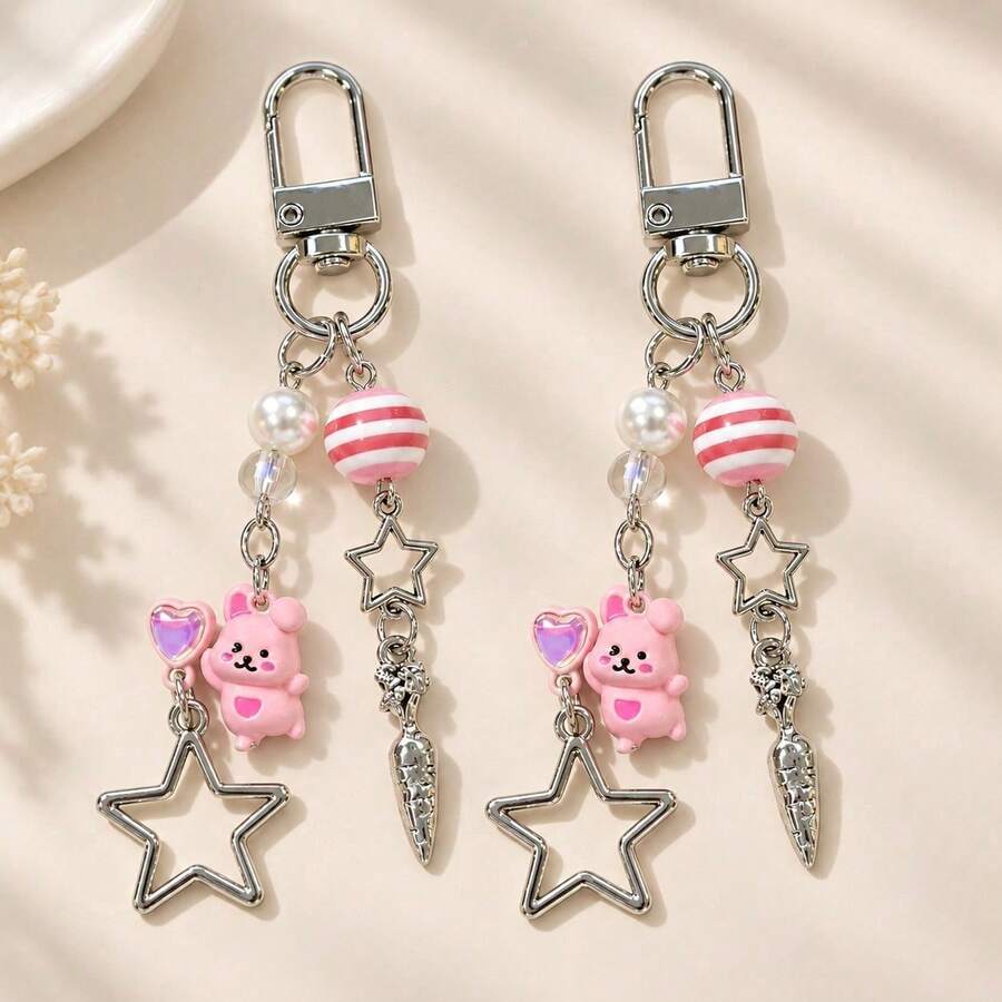 1pc/2pcs Women's Alloy Heart Rabbit Spacer Bead Pendant Keychain With Hollow Carrot And Five-Point Star Charm, Creative Bag Pendant - Multicolor - View 1