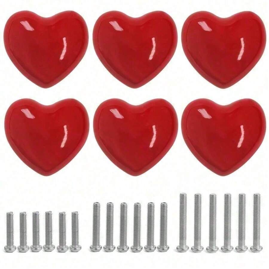 Ceramic Drawer Knobs Heart Shape Colorful Heart Cabinet Dresser Pulls Handles With 3 Sized Screws, Kitchen Furniture Knobs For Closet Cupboard Wardrobe (Mixed Color, 10 Pack) - Red - View 1
