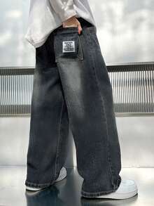 Young Boy Pocket Washed Distressed Loose Fit Fashion Jeans - Black - View 1