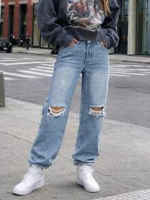 Women's Casual Knee Ripped Slim Straight Tapered Leg Jeans, Mom Jeans Fall - Light Wash - View 6