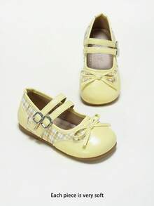Sepatu Flat Mary Jane Mengkilap Motif Kotak-kotak untuk Anak Perempuan, Tali Gesper Ganda, Pita, Ujung Bulat, Sol Lembut, Musim Gugur 2026 - Kuning - View 2