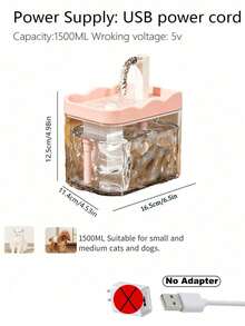 1pc 1.5L Pet Water Fountain, Cat Water Dispenser, Automatic Filtration Of Impurities, Quiet Operation, Suitable For Small And Medium Cats And Dogs Automatic Drinking, USB Power Cable (Adapter Not Included) - Multicolor - View 3