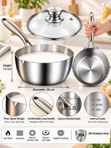 304 Stainless Steel Milk Pot Extra Thick 3-Layer Steel Multi-Function Cooking Pot With Glass Lid, Suitable For Cooking Noodles, Soup, Oatmeal, Baby Food, Compatible With All Stoves, Kitchen Cookware - View 3