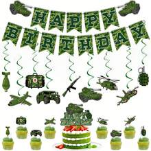 This 33-Piece Camouflage Birthday Party Set Includes 15 Triangular Flags, 9 Hanging Spiral Decorations, 8 Small Flags, And 1 Large Flag. This Is A Camouflage Tank Themed Party Set, Perfect For Birthday And Indoor Or Outdoor Party Decorations. - Multicolor - View 1
