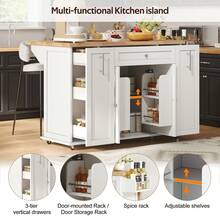 Flieks Kitchen Island On Wheels With Foldable Countertop, Mobile Kitchen Cart With 3-Tier Vertical Drawers, 2 Door-Mounted Racks And Lockable Casters, 120 * 45(70) * 87 Cm - White and Natural - View 10