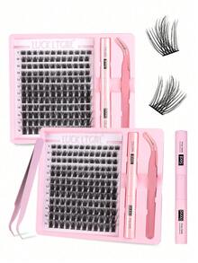 144 Clusters D Curl 9-16mm Length Single Cluster False Eyelashes DIY Eyelash Set, Thin Stem And Wide Stem Styles, Includes Eyelash Glue, Sealing Glue And Application Tools - Black - View 1