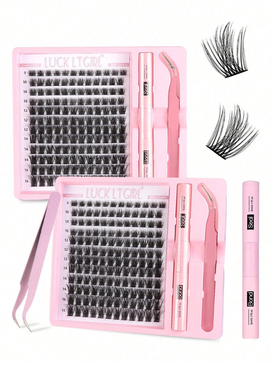 144 Clusters D Curl 9-16mm Length Single Cluster False Eyelashes DIY Eyelash Set, Thin Stem And Wide Stem Styles, Includes Eyelash Glue, Sealing Glue And Application Tools - Black - View 1