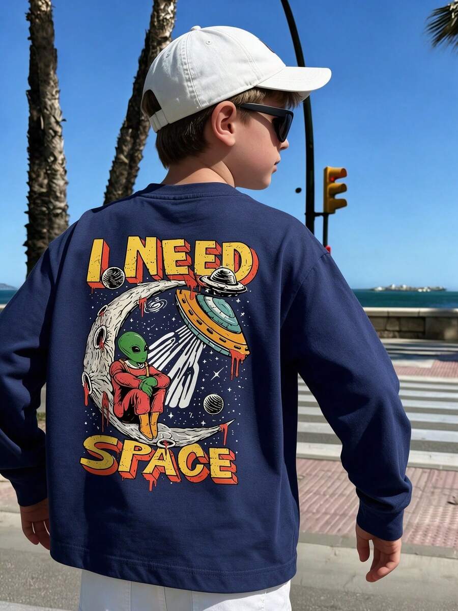Big Boys Long Sleeve T-Shirt, Space Alien UFO Moon Back Print, Casual Daily Top For Autumn/Winter - Navy Blue - View 1