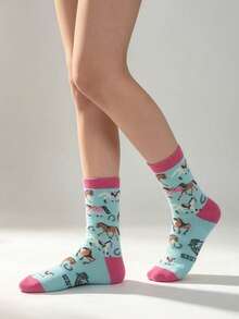 1 Pair Cartoon Pony Pattern Mid-Calf Cotton Socks With Contrast Toe And Cuff, Personalized Fun Style Women's Socks - Multicolor - View 6